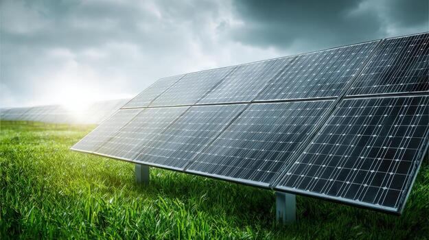 solar panel formación en un verde campo debajo nublado cielo, exhibiendo sostenible energía soluciones foto