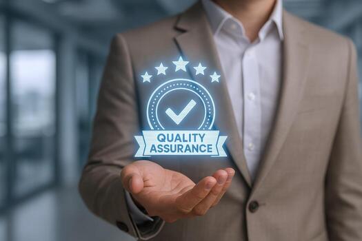 Quality Assurance Concept Businessman Presenting Hologram of Checkmark, Stars, and Quality Assurance Text in Hand photo