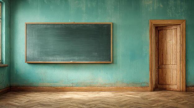 Classroom with a blackboard and door Empty school room interior with textured walls photo