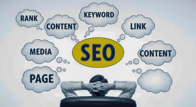 SEO Concept Illustration with Man Relaxing and Thinking About Search Engine Optimization Strategies on White Background photo