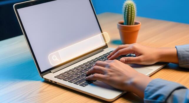 Person Typing on Laptop with Search Bar Overlay, Business Technology and Internet Browsing photo