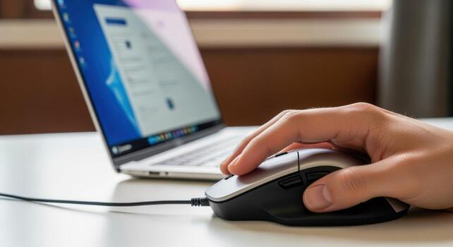 Person using a computer mouse to navigate a laptop screen, promoting productivity and technology in office photo
