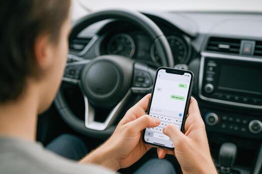 Man Texting While Driving Risky Mobile Phone Use and Vehicle Operation Illustration photo