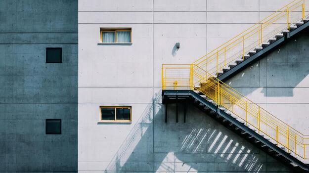 Exterior view of a modern building with fire escape stairs, window, and architectural details photo