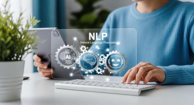 Natural language processing depicted with digital interface, gear and AI concepts displayed in workspace with person photo