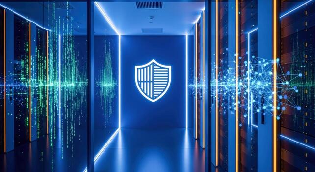 Cybersecurity Shield Glowing in a Modern Data Center Illustrating Network Protection and Data Security photo