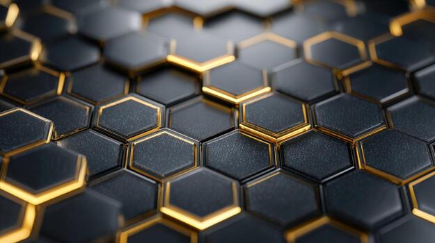 Abstract Black and Golden Hexagonal Pattern Background, Representing Technology, Innovation, and Modern Design with Soft Focus photo