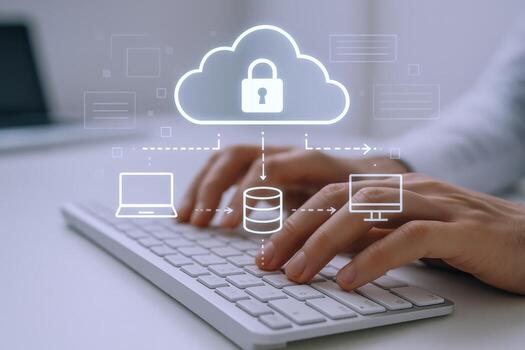 nube seguridad concepto persona mecanografía en teclado con nube y seguridad visualización cubrir foto