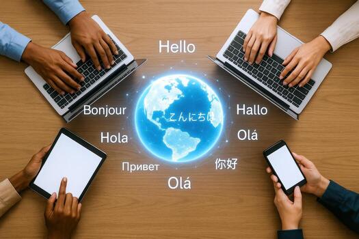 Global Communication Concept Hands Using Laptops, Tablet and Smartphone with Earth and Greetings in Different Languages photo