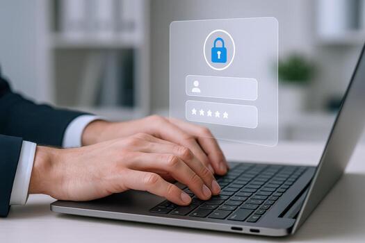 Login Security on Laptop Man Entering Credentials, Protected Account Access, Cybersecurity Measures photo