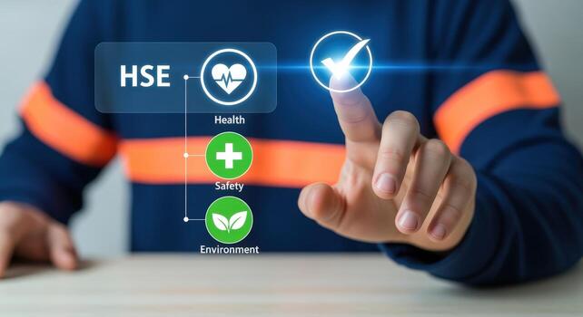Health Safety Environment Concept Person Tapping Virtual Interface for Compliance and Sustainable Practices Management photo