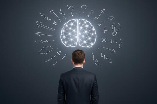 Businessman facing glowing brain illustration with creative problem-solving symbols on a dark gray wall, concept of brainstorming photo