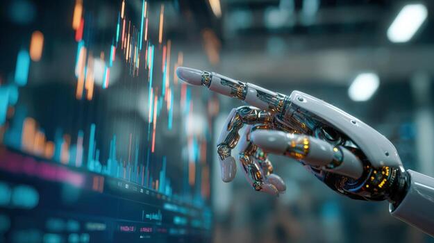 Robotic Arm Interacting with Financial Data Display, Representing AI-Driven Investment Analysis and Automated Trading photo