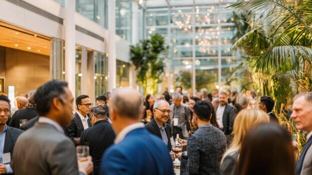 Business Professionals Networking at Corporate Event in Bright Atrium with Tropical Plants and Modern Architecture photo