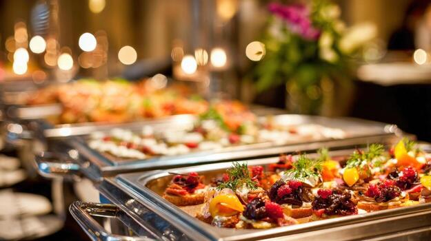 Elegant Buffet Catering Display with Appetizers, Featuring Gourmet Canape Selections and Stylish Presentation for Upscale Events photo