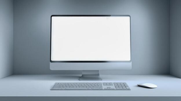 Modern Desktop Computer with White Screen Display, Keyboard, and Mouse Isolated in Minimalist Interior photo