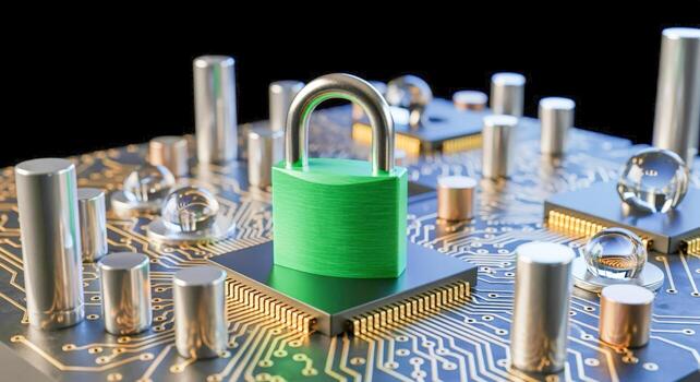 Secure Technology Green Padlock Protecting Circuit Board, Illustrating Cybersecurity and Data Protection in a Technological Environment photo