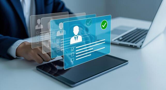 Candidate Selection Process Businessman Reviewing Digital Profiles on Tablet for Recruitment and Hiring Decisions photo