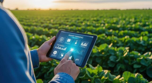 Precision Agriculture Farmer Using Digital Tablet for Crop Monitoring and Data Analysis in Green Field photo