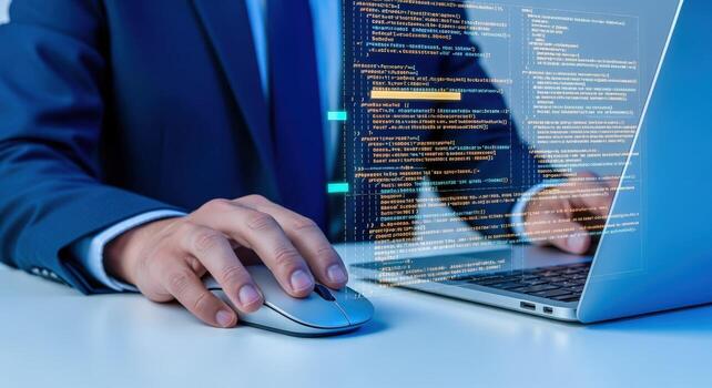 Software Developer Coding on Laptop with Overlay of Code, Demonstrating Technology and Expertise in Cybersecurity photo