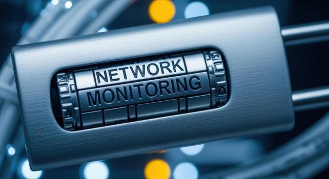 Network Monitoring Security Concept Combination Lock with Fiber Optic Cables and Data Center in Background photo
