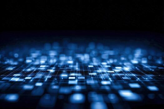 Abstract Blue Technological Background with Glowing Pixels, Digital Grid, and Data Transmission in a Dark Ambiance photo