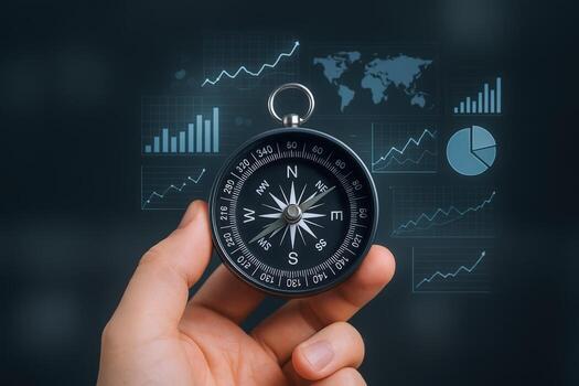 Holding Compass with Financial Graphs Navigation, Investment Strategy, Market Analysis and Business Direction Concept photo