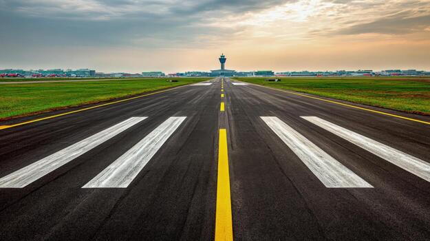 Airport Runway Leading to Control Tower on a Cloudy Day, Perspective View of Landing Strip photo