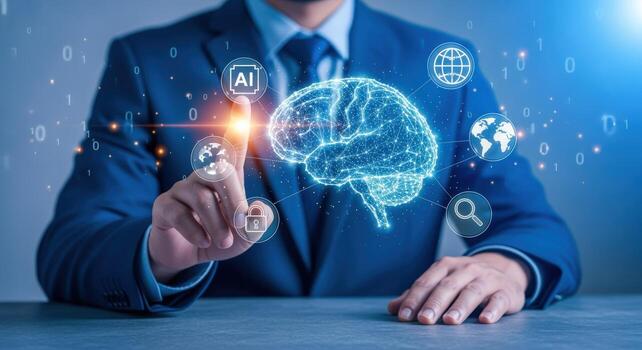 Artificial Intelligence Interface Businessman Touching Holographic Brain Representing AI, Machine Learning, and Futuristic Technology Solutions photo