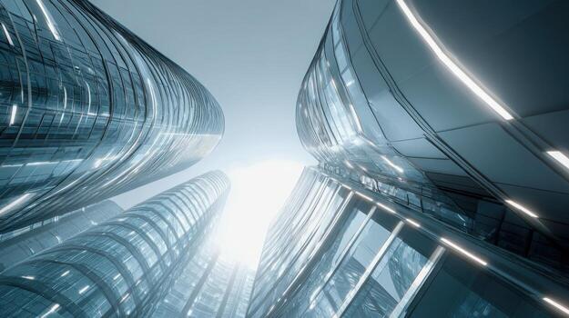 Modern Architecture with Steel and Glass Skyscrapers Reflecting Sky, Illuminated by Sun, Symbolizing Innovation photo