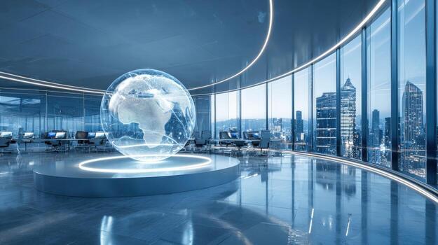 Futuristic Office Interior with Globe Hologram Display and Cityscape View, Representing Global Business and Technology photo