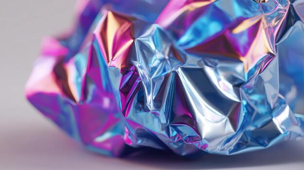Iridescent Foil Texture with Crumpled Surface Reflecting Vibrant Colors for Abstract Design and Creative Backgrounds photo