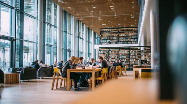 Students Collaborating in Modern Library with Natural Light and Extensive Book Collection for Research and Study photo