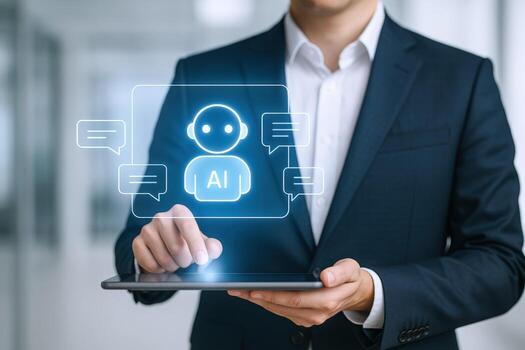 Businessman Interacting with Artificial Intelligence on Tablet Modern Technology and Business Solutions Concept photo