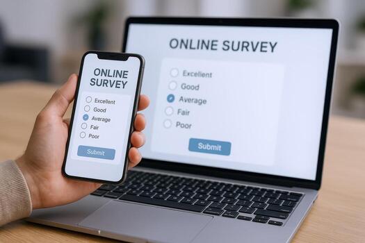 Online survey being completed on mobile phone and laptop, feedback form, customer experience photo