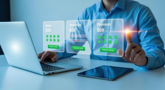 Choosing a Pricing Plan Person Selecting Premium Option on Transparent Display with Laptop and Tablet photo