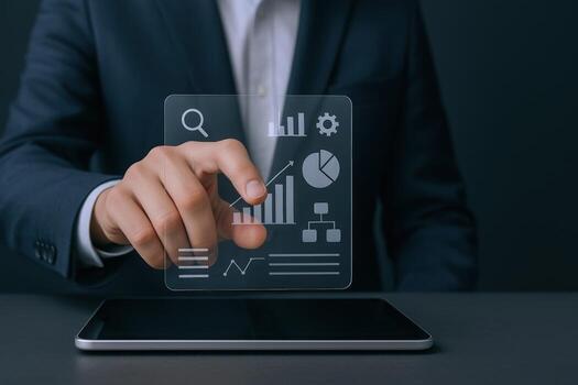 Digital Business Analytics Businessman Interacting with Data Visualization on a Tablet, Analyzing Financial Growth and Statistics photo