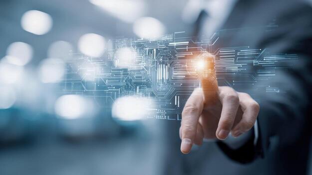 Businessman Touching Digital Interface Innovation, Technology, Data Analysis, and Future Concepts Visualization for Global Business photo