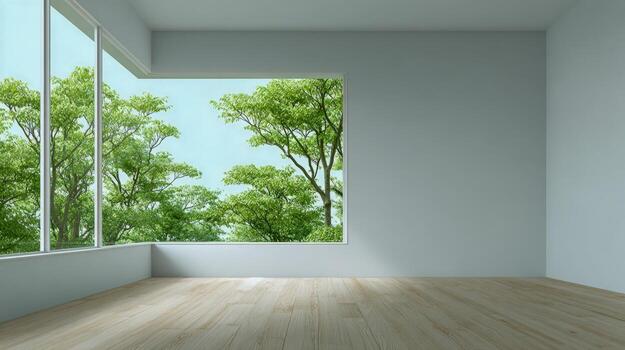 Bright Empty Room with Large Windows Overlooking Green Trees, Ideal for Interior Design Mockups and Real Estate Visualization photo