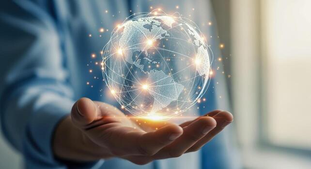 Global Network Technology in Hand Digital World Connection Concept for Business and Innovation photo