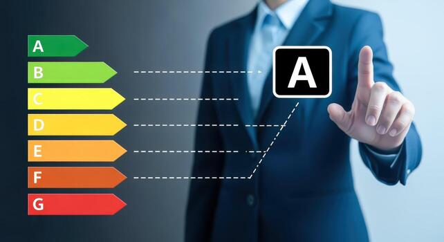 Energy Efficiency Concept Business Person Selecting Top Rating for Sustainable Performance and Conservation photo