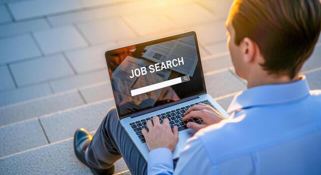 Man Actively Searching for New Job Online Using Laptop While Sitting on Concrete Steps Outside photo