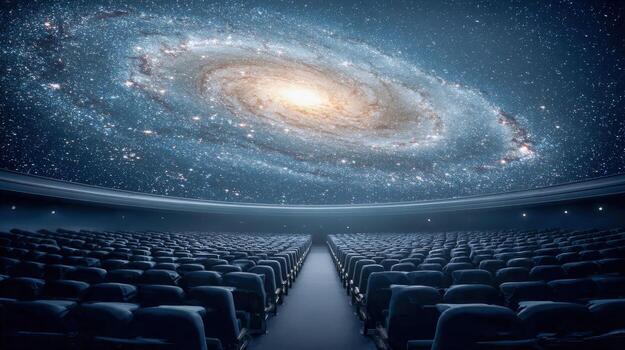 Planetarium Projecting a Galaxy onto Dome Ceiling Displaying Rows of Seats Below for an Audience to Observe photo