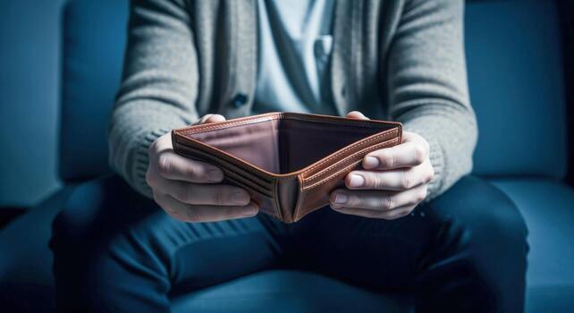Man displaying an empty wallet symbolizing financial hardship, poverty, economic crisis, and the struggle with personal finances photo