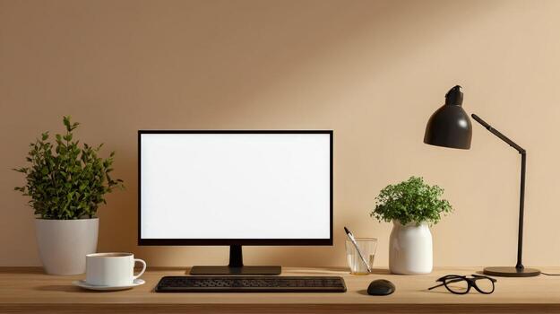 Modern Workspace Mockup with Blank Computer Screen, Desk Lamp, Coffee Cup, and Plants on Wooden Desk photo
