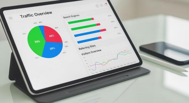 Digital Marketing Analytics Displayed on Tablet, Analyzing Website Traffic and SEO Performance, Data Visualization photo