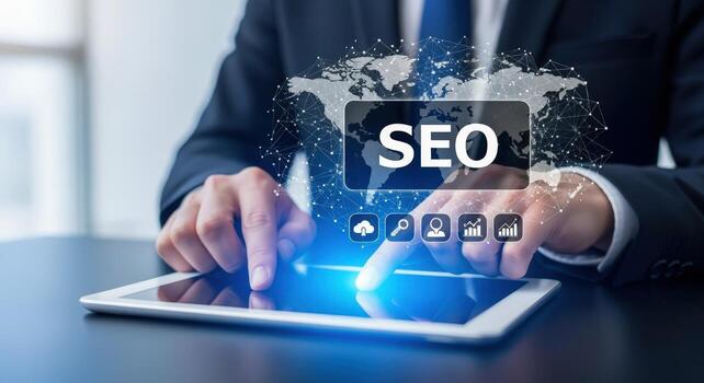 SEO Strategy and Digital Marketing Concept Businessman Using Tablet for Optimization and Global Online Presence photo