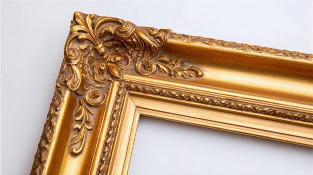 Ornate Gold Picture Frame Corner with Intricate Detailing on a White Background for Mockups and Creative Projects photo