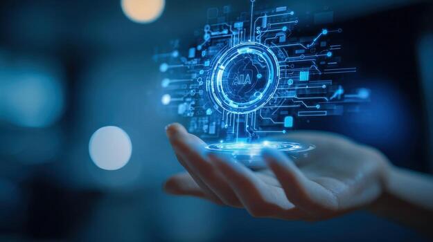 Person holding digital technology interface, representing artificial intelligence, machine learning, and futuristic connectivity concepts photo