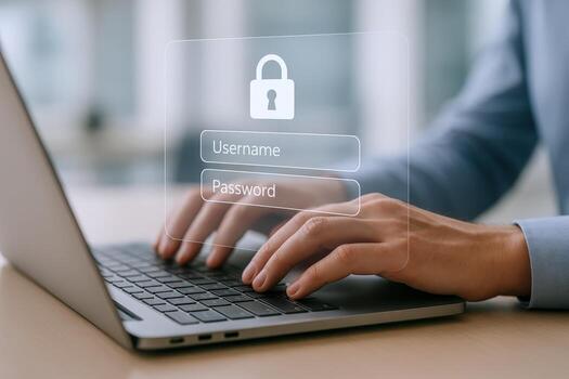 Secure Login Interface on Laptop Cybersecurity Concept with Username, Password, and Padlock Illustration photo